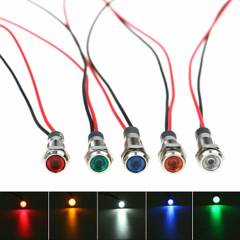 5Pcs Metal Waterproof 6/8/10/12mm 12-24VDC LED Signal Indicator Light with Wire Car Boat Dash Dashboard Panel Warning Pilot Lamp