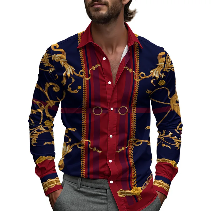 

2025 New Fashionable Men's Long Sleeve Shirt Luxury Gold Baroque Chain Pattern Men's High Quality Collar Button Top