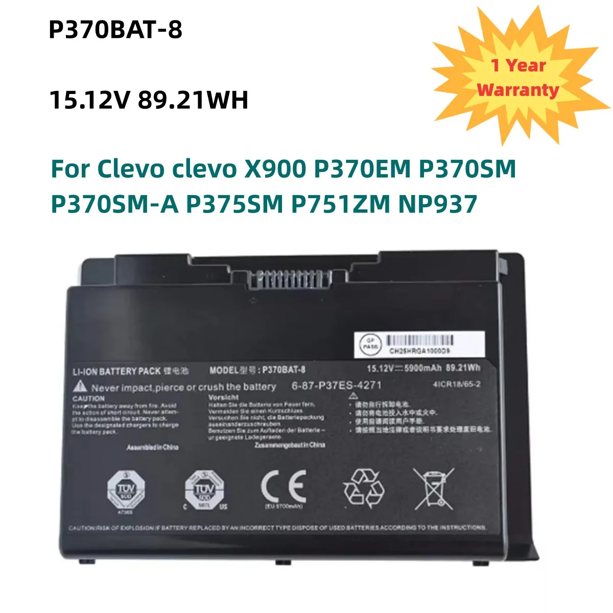 

15.12V 89.21Wh P370BAT-8 6-87-P37ES-4271 Laptop Battery For Clevo clevo X900 P370EM P370SM P370SM-A P375SM P751ZM NP937