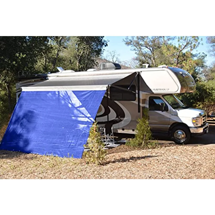

RV Awning Shade Motorhome Patio Sun Screen Complete Deluxe Kit in Blue for 10x16 Area with Durable Fabric and Easy Installation