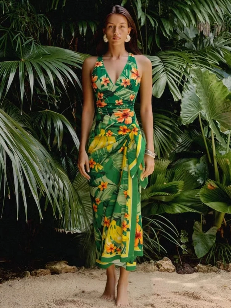 

Новый летний женский купальник-боди с юбкой, пляжный комплект с рюшами и принтом, пляжная одежда для отпуска, накидка-бикини