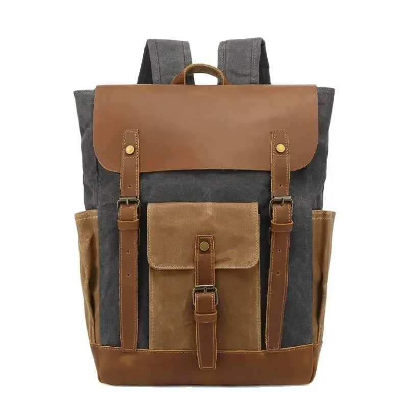 

Vintage Waterproof Waxed Canvas Men's Backpack Genuine Leather Backpack Women School Backpack Fashion Rucksack male Bagpack