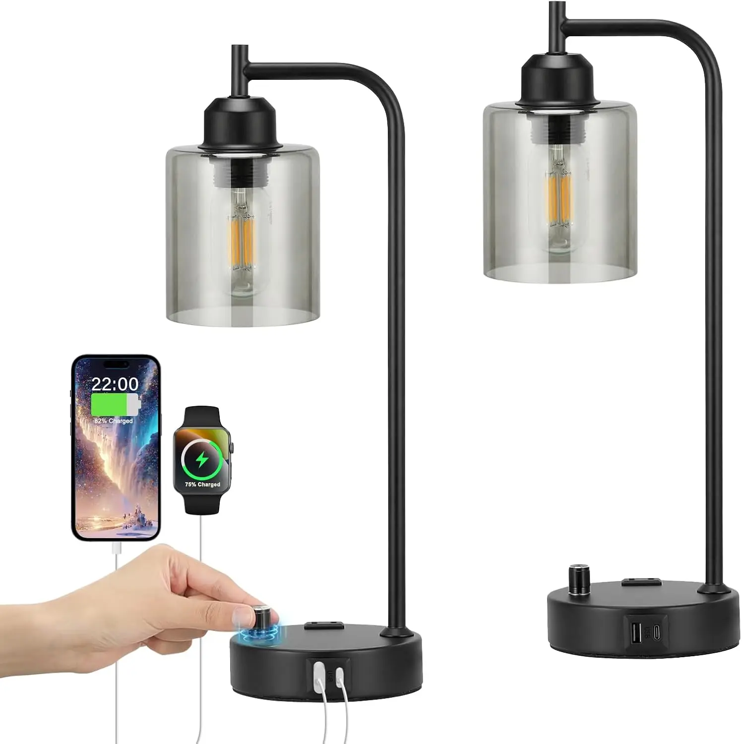 

Набор из 2-х диммируемых настольных ламп с USB-C, USB и розеткой переменного тока - современный черный дизайн для офиса и спальни