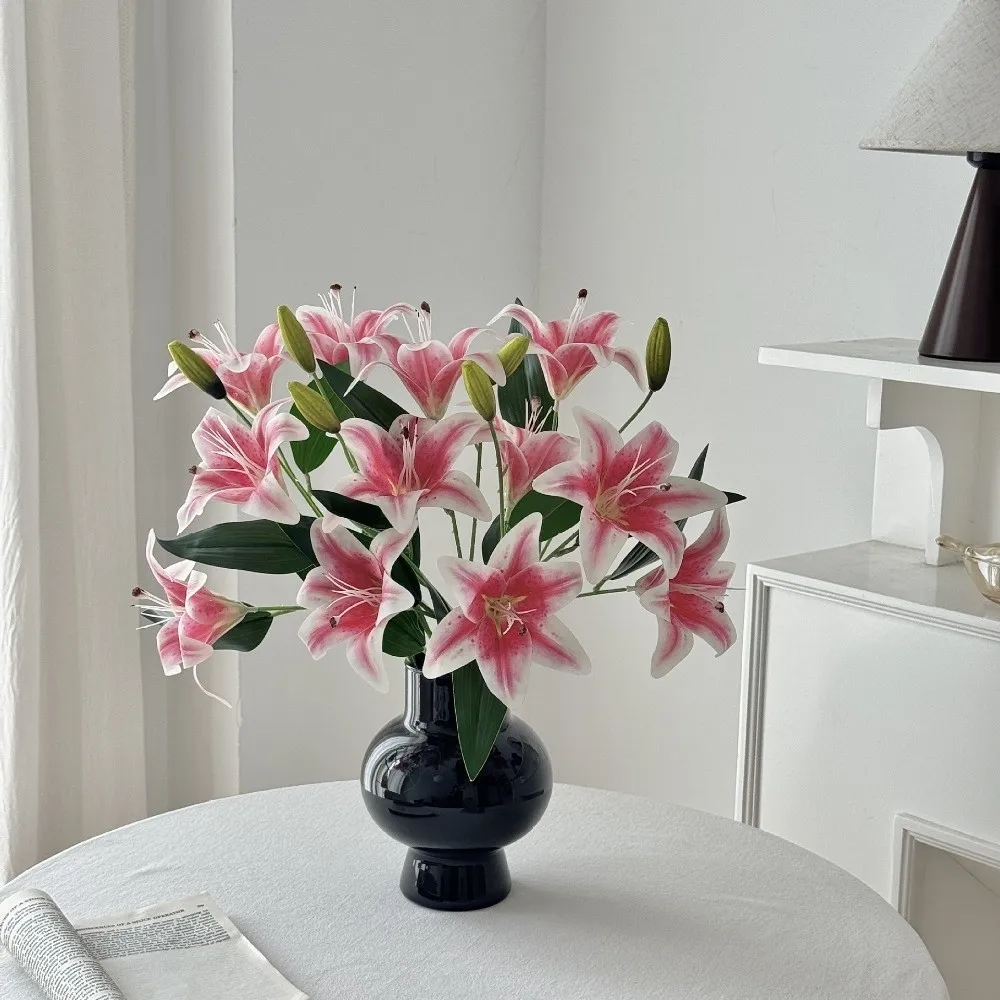 2-head Artificial Lily Flowers White Pink Artificial Faux Plants Multi-Bloom Real Touch Simulation Decorative Bouquet Home Decor