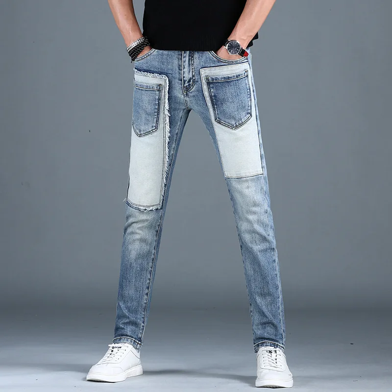 2024New Patchwork Stitching Fashion Jeans Men\'s Slim Fit Ankle-Tied Trendy High-End Street Locomotive Style Casual Trousers