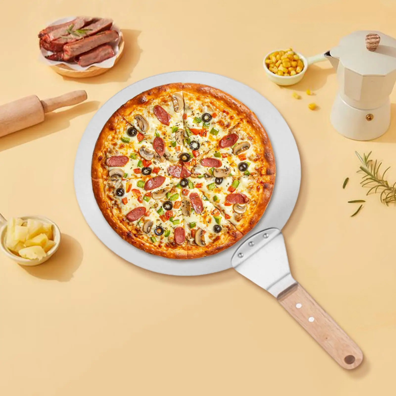 Pala para Pizza de Acero Inoxidable con Mango de Madera, Redonda, Antiadherente, Herramienta para Repostería y Repostería, Utensilio para Hornear y Desmoldar