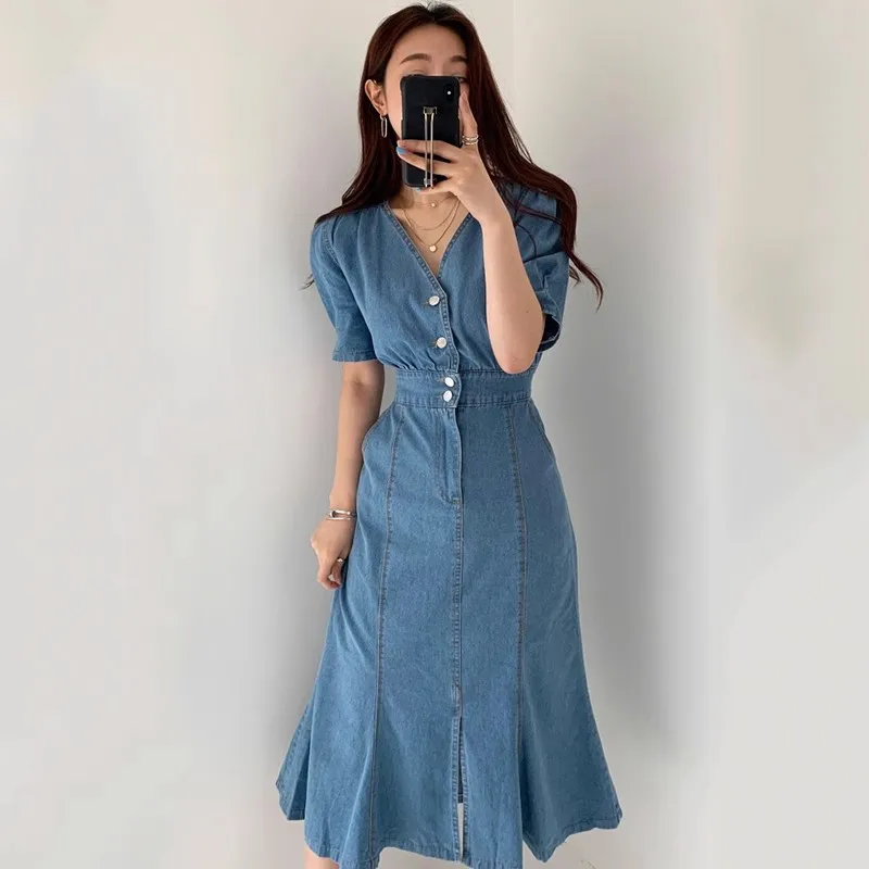 Women Summer Retro Midi Denim Dress Solid V Neck Button Sexy Split Slim Dress Korean Elegant Streetwear Ruched Dress