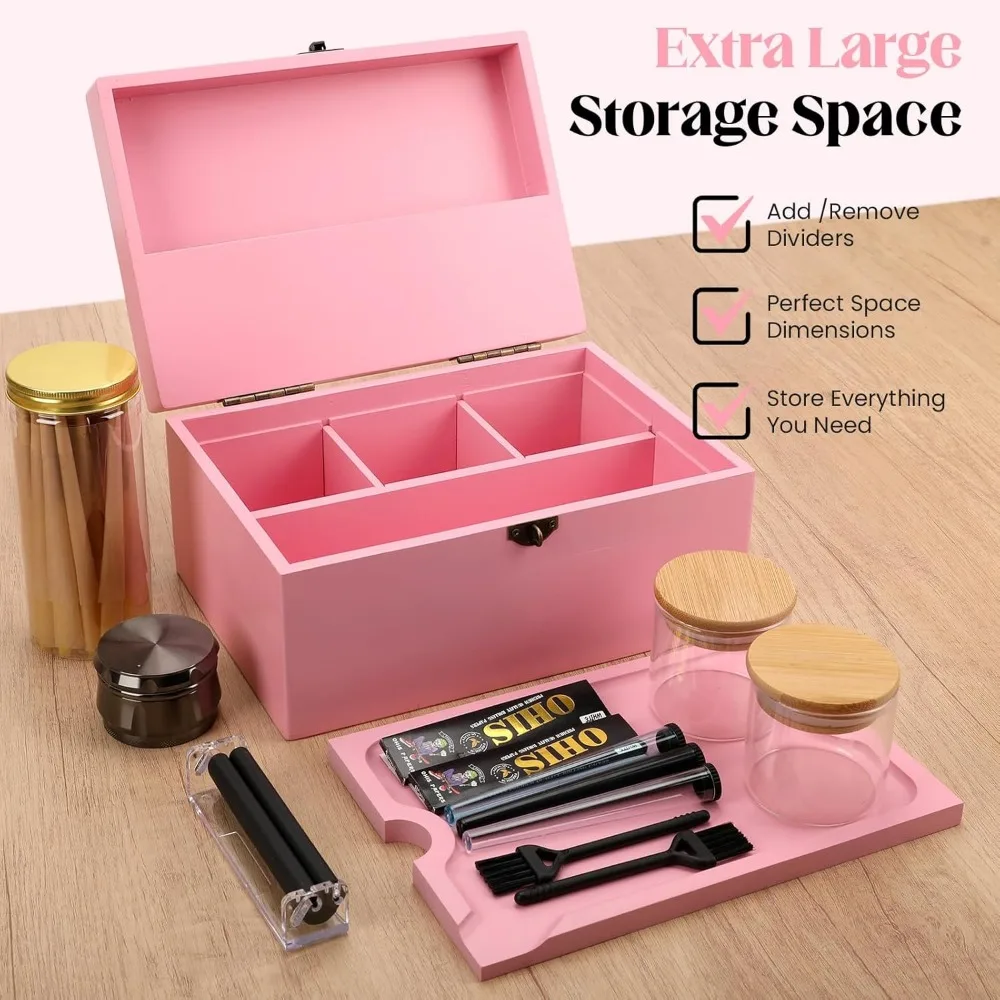 

Premium Large Bamboo Storage Box with Removable Tray Kit - Decorative Box Set,Glass Jars,and Accessories Wooden Storage Kit Pink