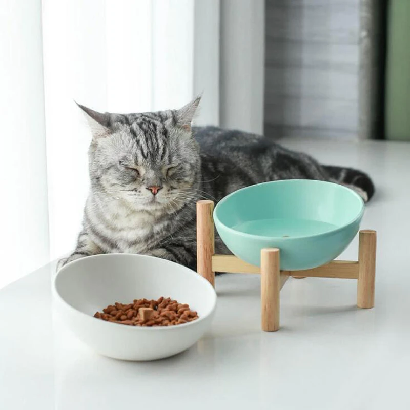 Ceramic Round Pet Bowls, Home Removable Cat Food Bowl With Frame 45° Tilted Design Wood Bottom Pets Drinking Feed Tableware, 1Pc