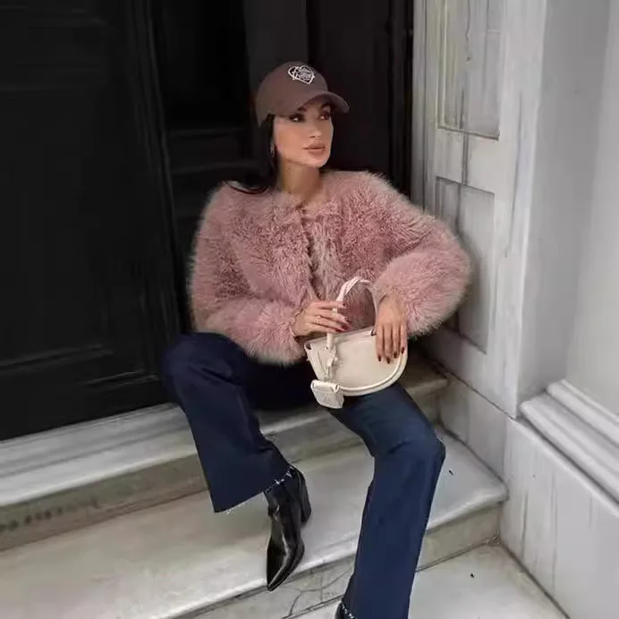 Kurtka damska zimowa z imitacji futra, okrągły dekolt, krótka kurtka z imitacji futra norek, kurtka z długim włosiem ze sztucznego futra dla kobiet.