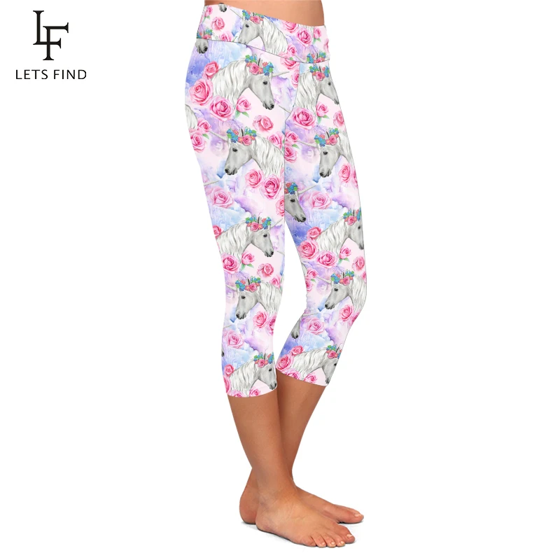 Letsfind Nieuwe Mooie Eenhoorns En Bloemen Print Capri Legging Hoge Taille Mid-Kalf 3/4 Stretch Soft Vrouwen Leggings