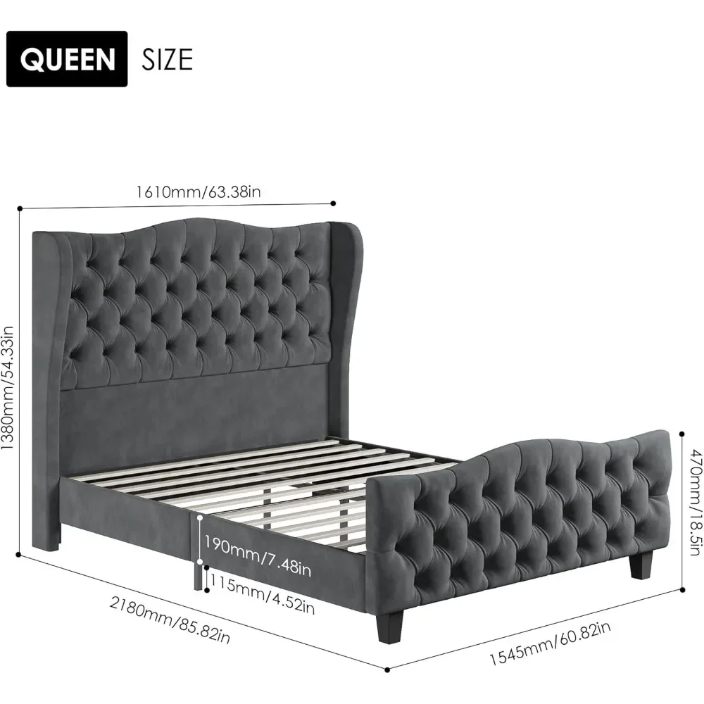 Size 54.3” Tall Platform Bed Frame with Deep Button Tufted Wingback Headboard and Footboard, Velvet Upholstered Bed Frame