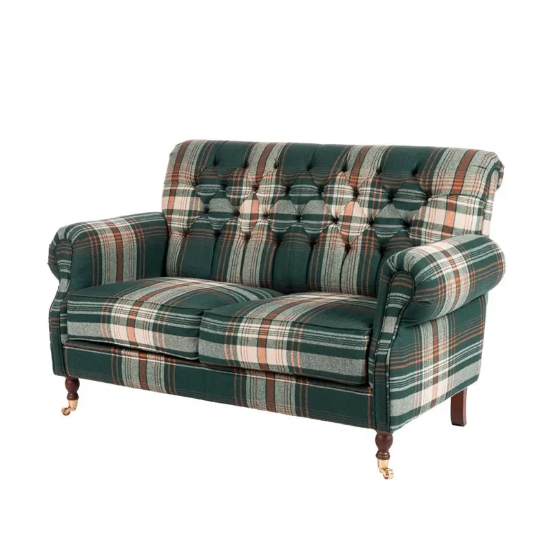 

Retro dark green plaid fabric small apartment living room French medieval buckle high back bedroom double small sofa