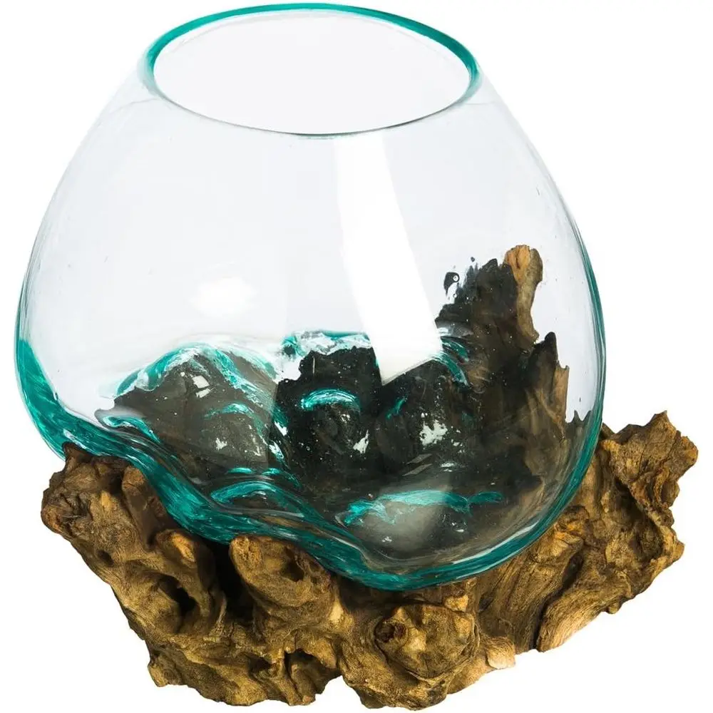 

Hand-Blown Blue Tinted Bubble Glass On Natural Teak Driftwood Terrarium Kit | Home Décor Indoor Planter with Stand | Pot for Suc