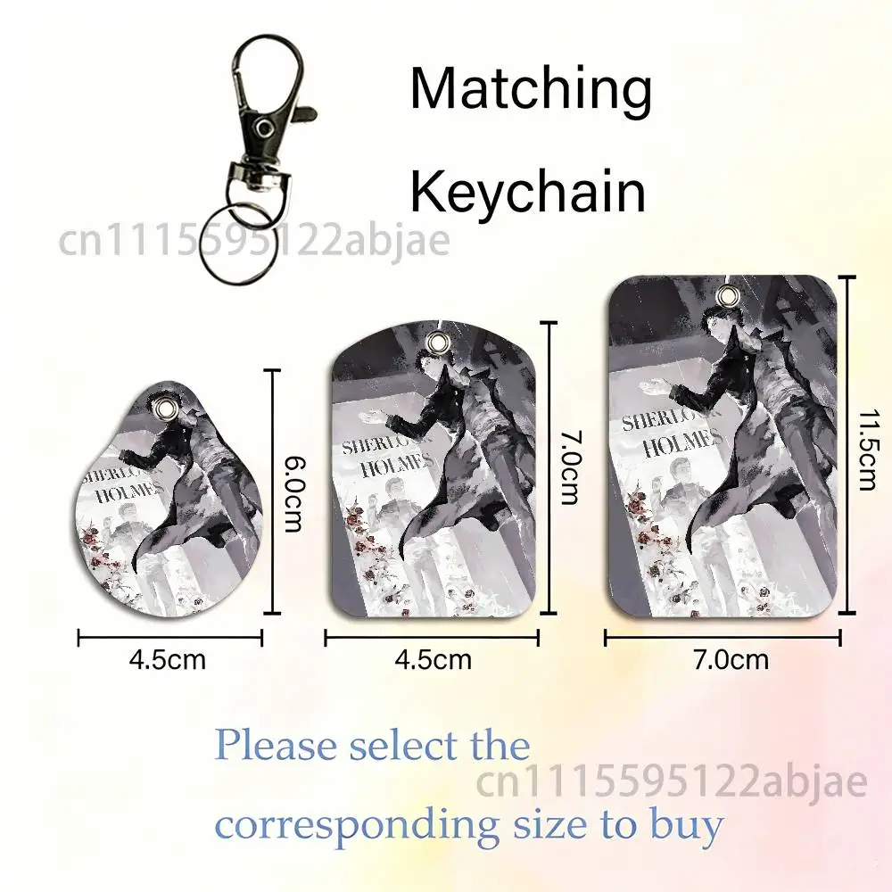 S-Sherlock Holmes Rectangle ID Card Case Keychain Access Card Bag Key Tag Ring Leather Card Holder Key Ring