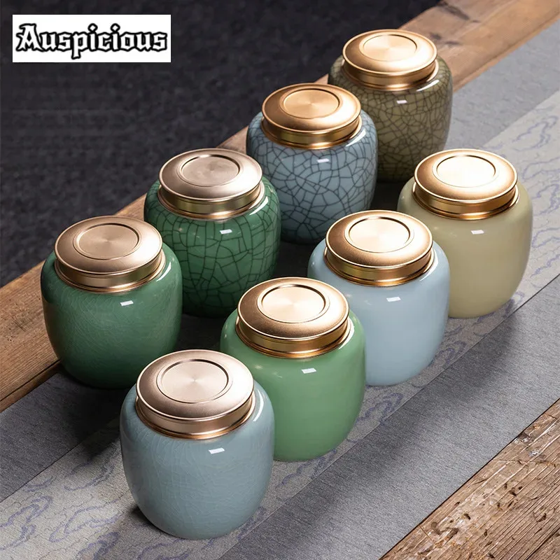 

1200ml Longquan Celadon Large Tea Box Organizer Moisture-proof Metal Lid Storage Tank Containers Tea Caddy Tea Items Ornaments