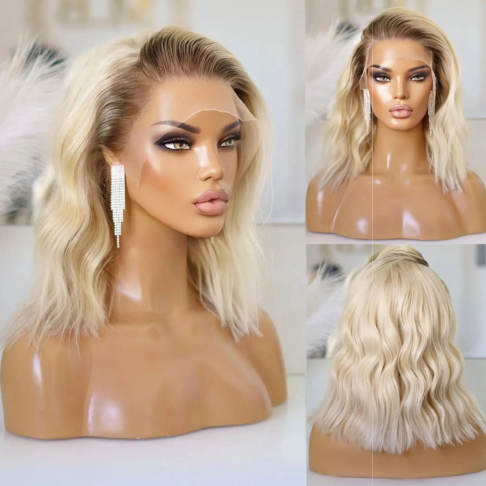 Highlight Ombre Blonde Wig Short Bob Body Wave Lace Frontal Wig 13x4 HD Synthetic Lace Wig Natural Wavy Heat Resistant For Women