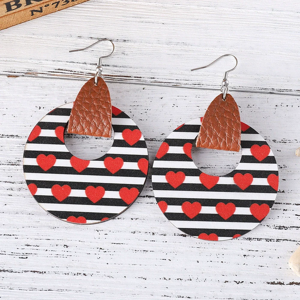 New Valentine's Day Retro Striped Love Circle Hollow Wooden Leather Earrings Love Wooden Leather Earrings