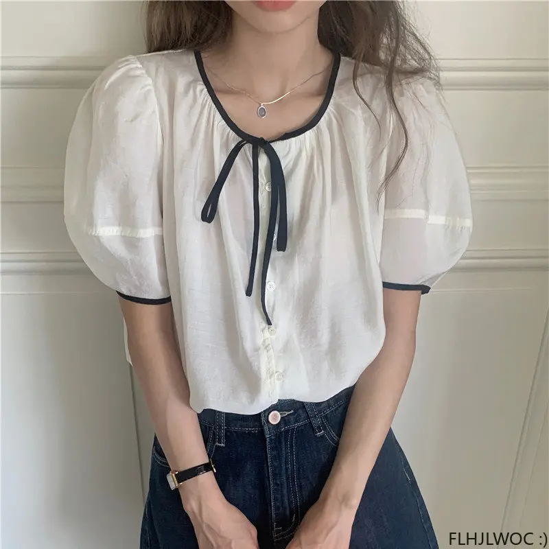 Woman Cute Sweet Girls Japan Korea Preppy Style Retro Vintage Bow Tie Top Blusas Thin Semi-Transparent Button Shirts FLHJLWOC