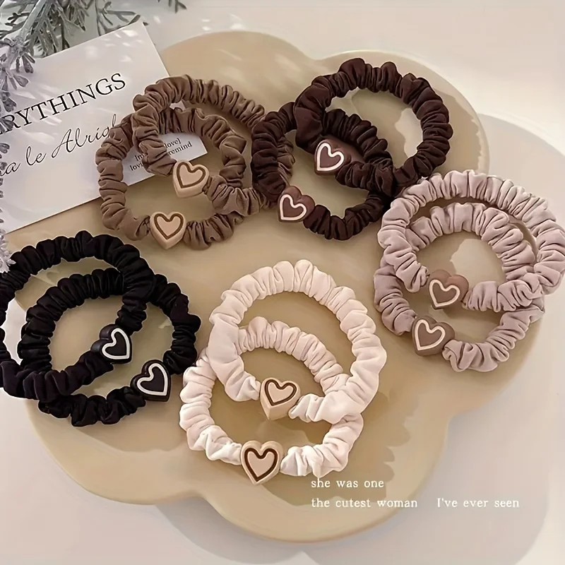 10PCS New Coffee Color Love Pendent Hair Rope Girl Cute Bowknot Hair Ties Elastic Rubber Hair Bands Hair Accessories For Women