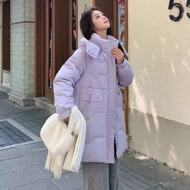 

Down Jacket Women Mid-length Casual Loose Hooded Waist To Show Thin Thick Parkas White Duck Down Solid Color Jacket JJ143