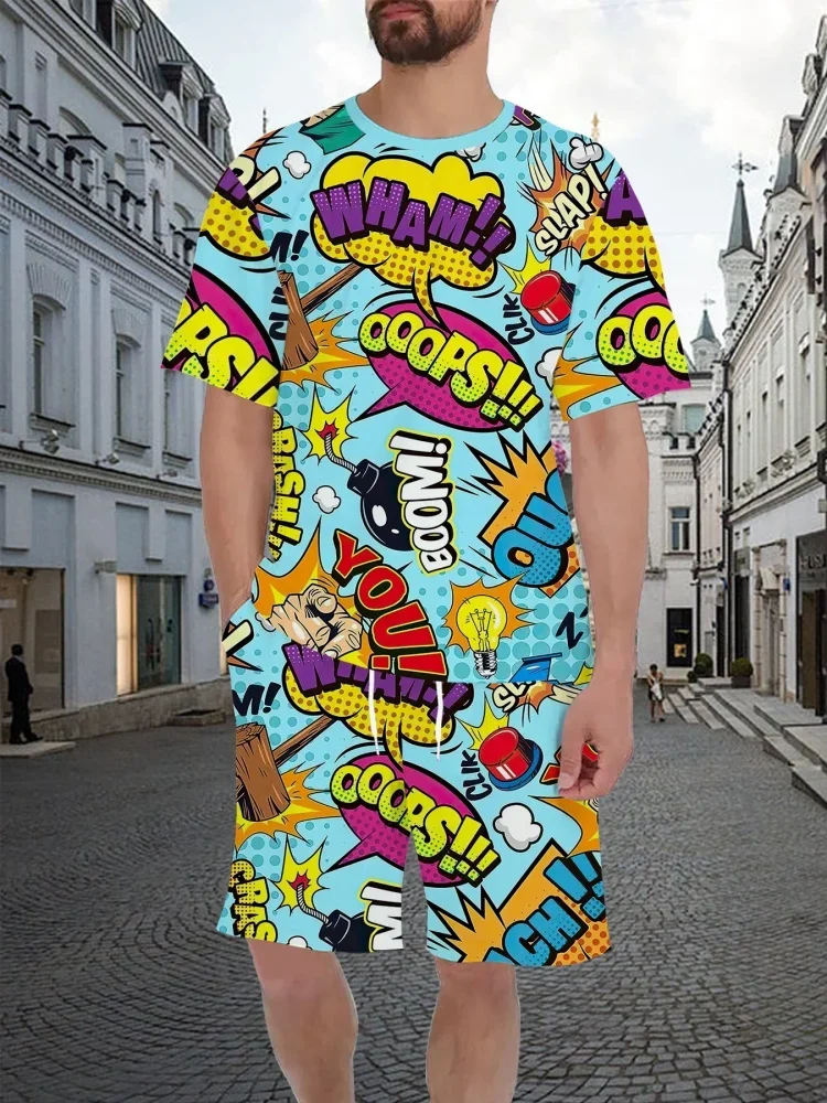 

Summer Graffiti Sportswear Men's Fun T-shirt Set Manga Illustrations Loose Clothing Hip Hop Sportswear Two Piece Set Uniform Lig