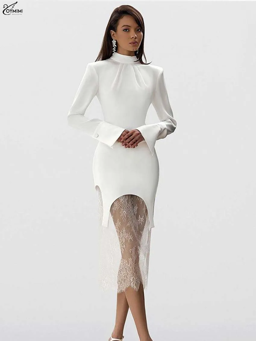 

Oymimi Fashion White Slim Two Piece Outfits Woman Elegant O-Neck Long Sleeve Lace-Up Slim Tops And Lace Mid-Calf Skirts Sets