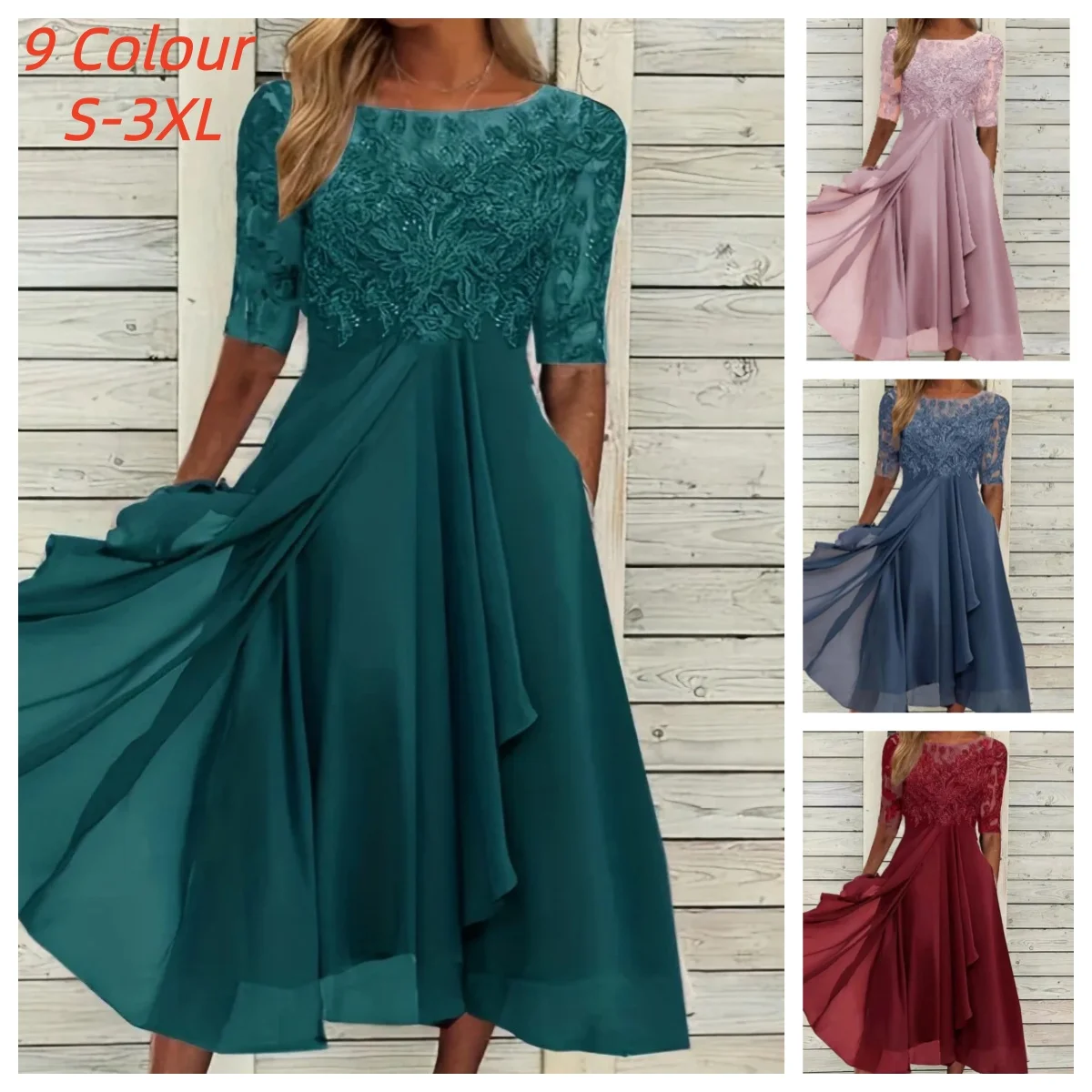 Vestido de cintura de manga corta con cuello redondo a la moda para mujer elegante gasa de Color sólido empalmado ​ ​ Vestidos de noche huecos de encaje Mujer
