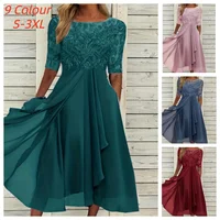 Vestido de cintura de manga corta con cuello redondo a la moda para mujer elegante gasa de Color sólido empalmado ​ ​ Vestidos de noche huecos de encaje Mujer