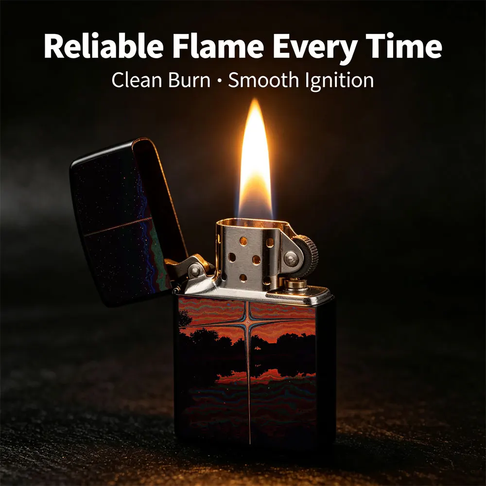 Pocket Lighter, Flip-Top Design, Cross with Sunset Painting, Metal Case, Windproof Flame, Refillable, Portable & Compact, Ideal for Daily Use and Outdoor Adventures, Great Gift for Men and Women