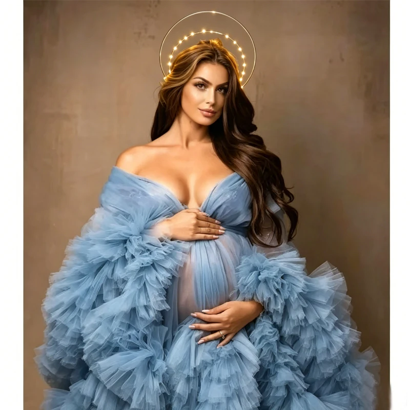 

Cloud Tulle Maternity Photoshoot Robe, Ruffled Tulle Open Front Dress, Flowy Pregnancy Outfit with Train, Baby Shower Photo Prop