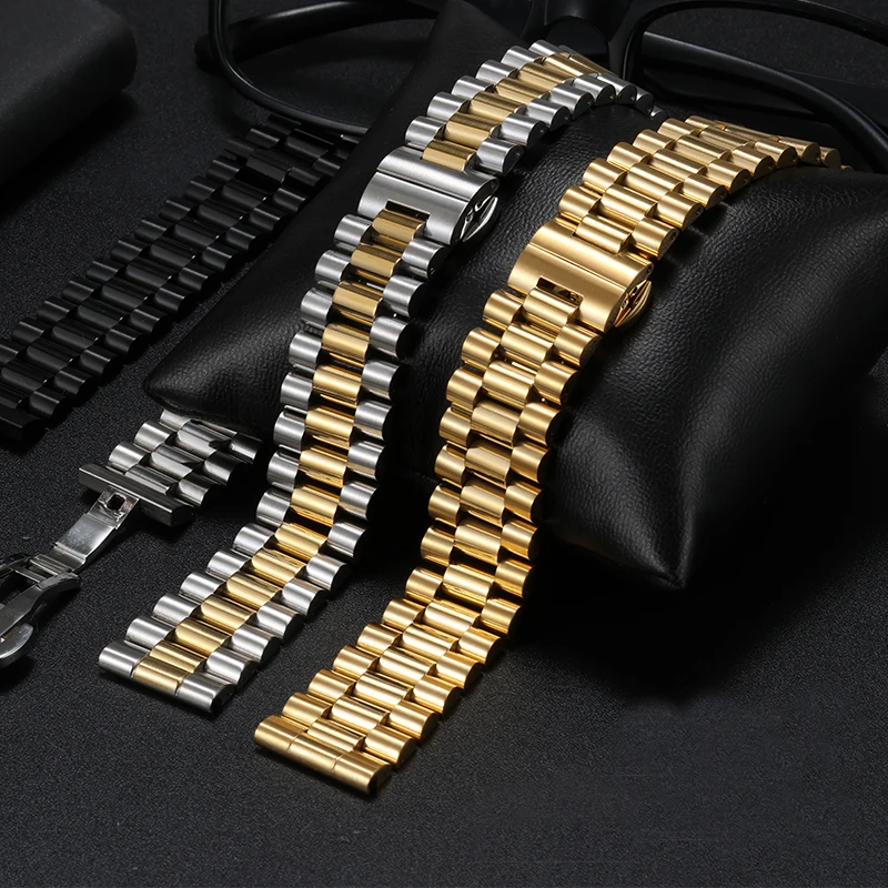 Pulseira universal de aço inoxidável sólido para seiko tag heuer rolex orient três contas pulseira com fecho borboleta
