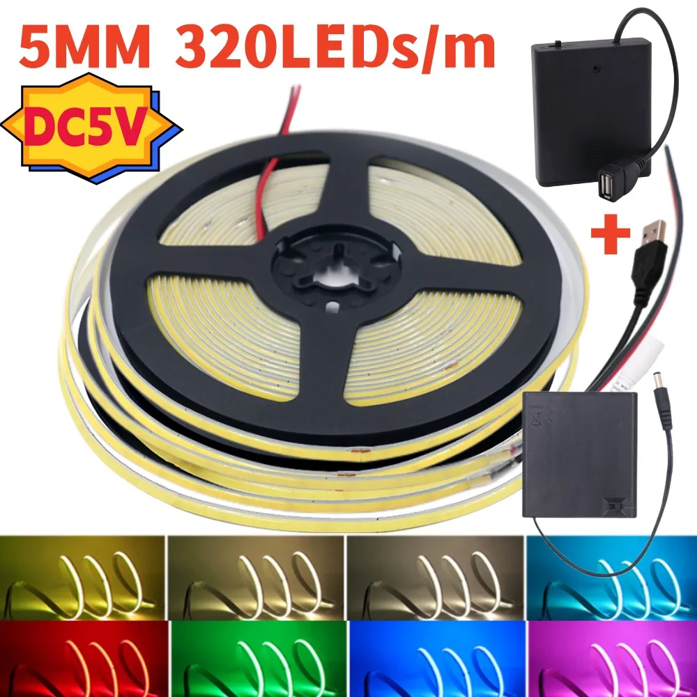 Super cienkie 5mm pasek COB LED 320 leds/m elastyczna taśma o wysokiej gęstości wstążka USB zasilanie bateryjne szafka dekoracyjna samochodu