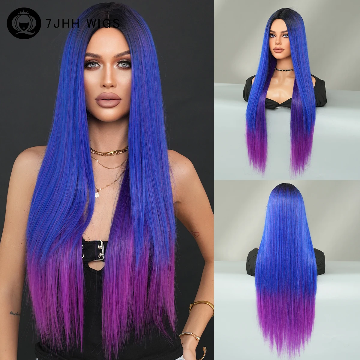 

7JHH WIGS Costume Wig Synthetic Middle Part Purple Ombre Blue Wigs for Women Daily Party High Density Halloween Cosplay Hair Wig