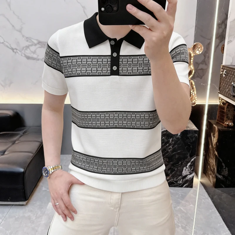 Summer Men's Luxury Casual Repeating Pattern Patched Short-Sleeved Business Casual Polo Shirt