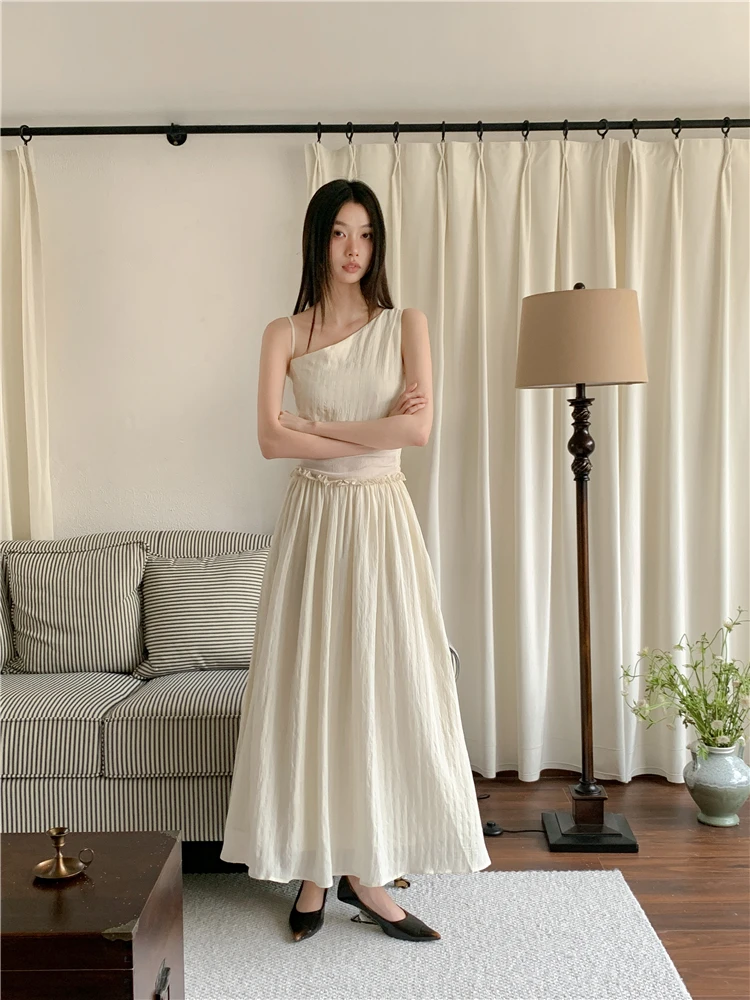 CHEERART One Shoulder Beige Long Dresses 2024 Women Summer Patchwork Ruched A Line Solid Dress Designer Fashion Clothes