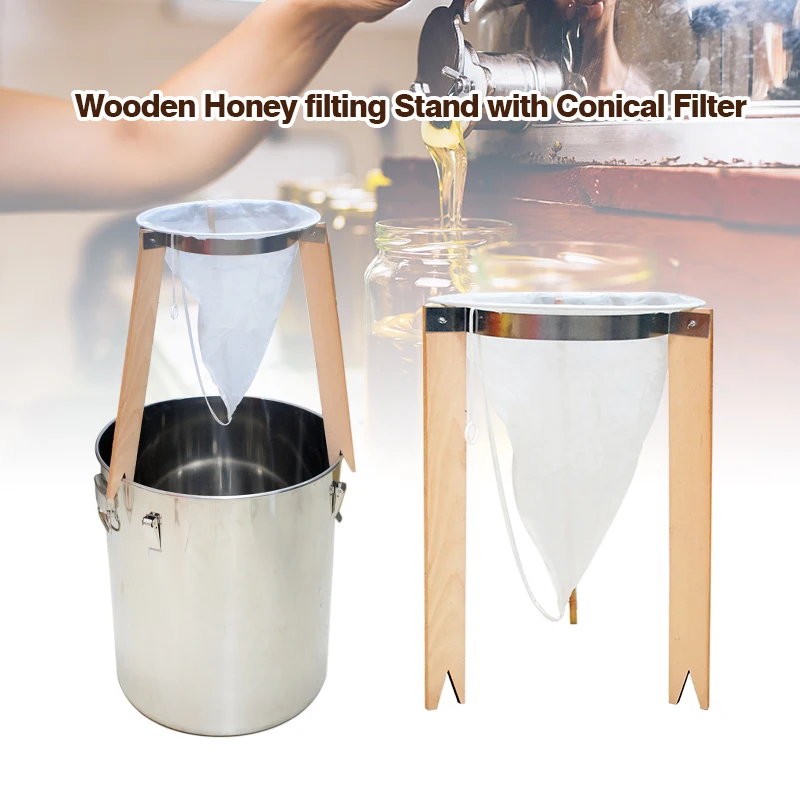 Wooden Honey Filtering Stand with Conical Filter Honey Strainer Tripod Stand Honey Extractor Filter Rack Beekeeping Tools