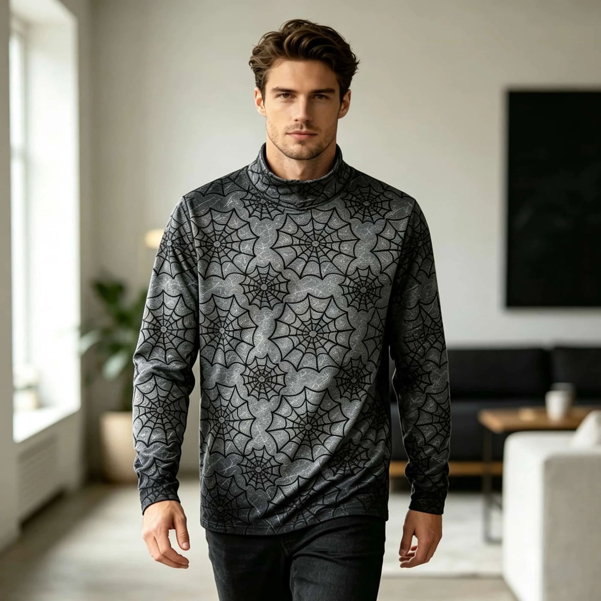 Men Minimal Gothic Halloween Mock Neck Long Sleeve Tee Vintage Full‑Print Soft Comfortable Casual Holiday Party Shirt