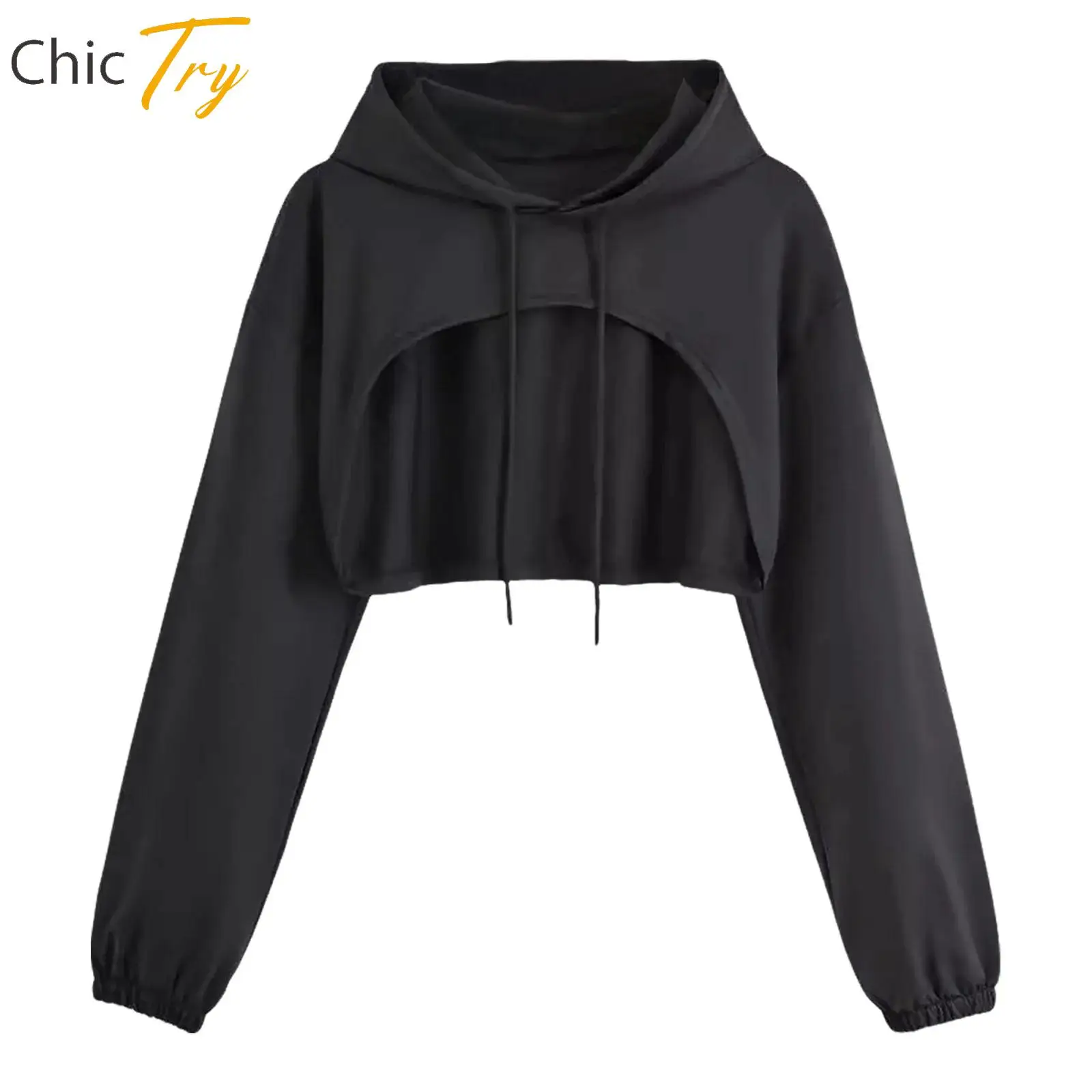

Womens Fashion Long Sleeve Hoodie Solid Color Crop Top Drawstring Hooded Sweatshirt for Gym Workout Running Dance Daily Wear