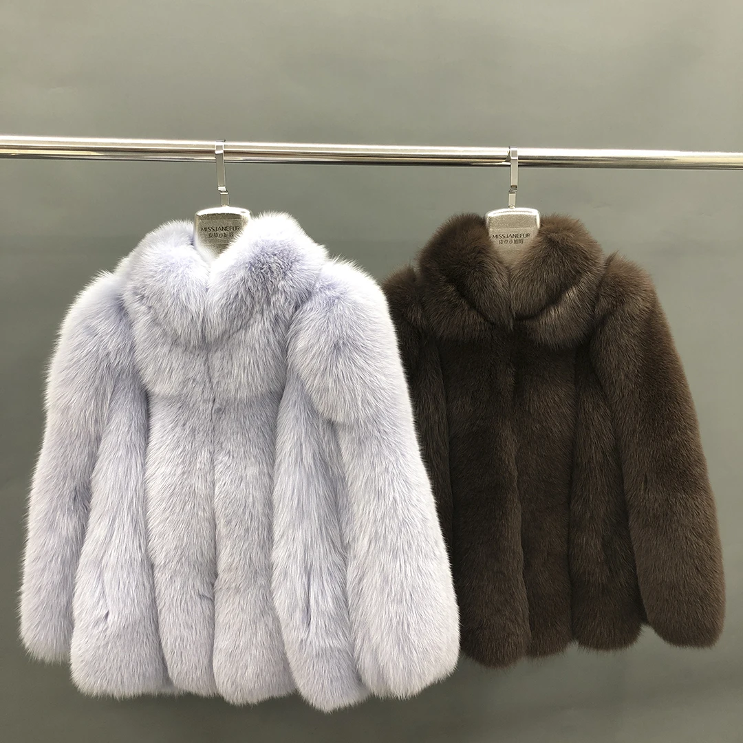 MISSJANEFUR 2022 Brown Fox Fur Coat Women Stand Collar Luxury Real Fur Jacket Vest Winter Coat Female Custom 5xl