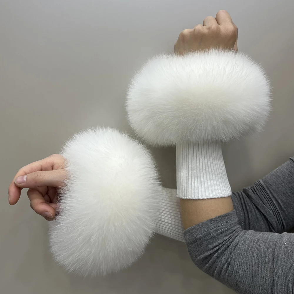 100% Real Fox Fur Cuffs Winter Wrist Warm Knitted Elastic Sleeves Women's Natural Fox Gloves Arm Warmers Wristband Oversleeve