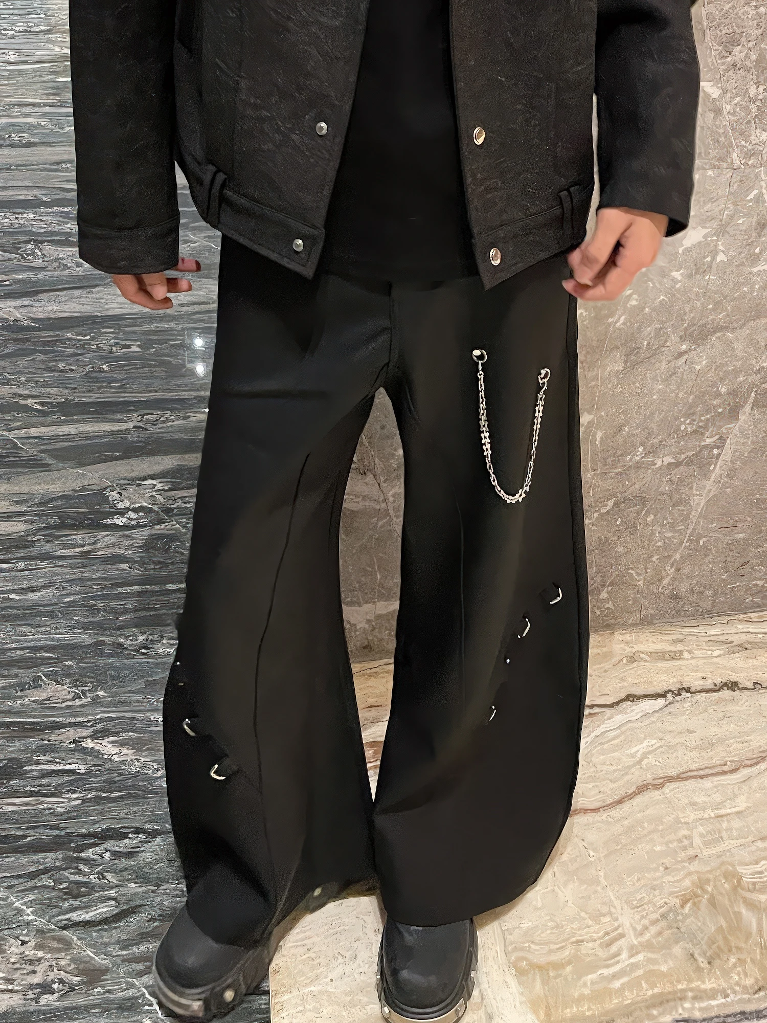 New Korean Version of Black Wide-leg Trousers Men's Trend Rivet Splicing Lanyard Design Sense Loose Versatile Scimitar Trousers