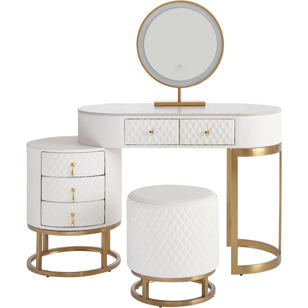 Premium White Faux Leather Vanity Desk Set with Integrated LED Mirror, Comfy Stool and Multifunctional Drawers, White desk