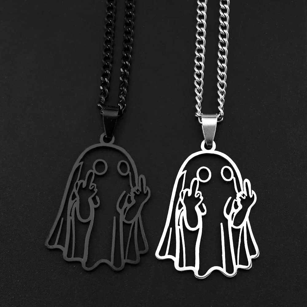 Cute Middle Finger Ghost Pendant Necklaces For Women Men Stainless Steel Black White Ghost Charms Halloween Funny Jewelry Gift
