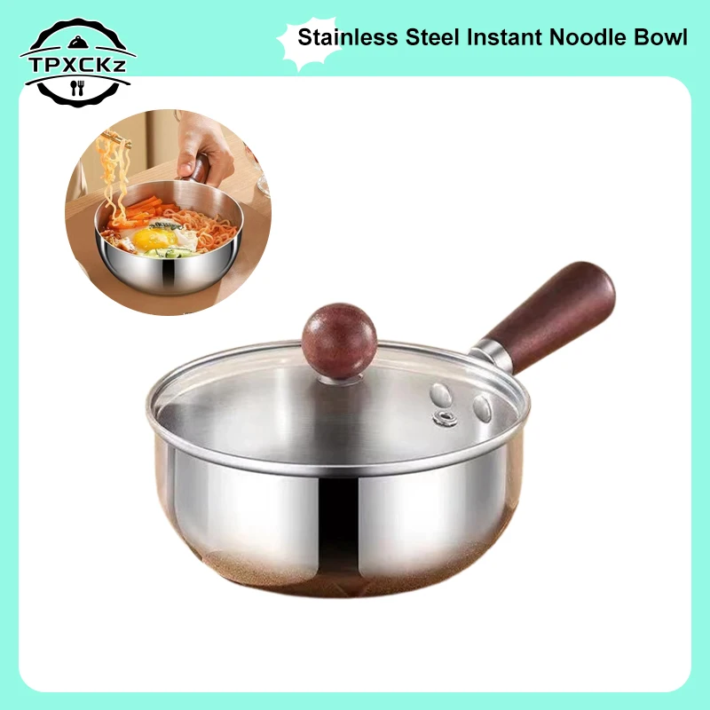 Cuenco de fideos instantáneos de acero inoxidable, cuenco doméstico resistente al calor con mango de madera, antiescaldaduras y anticaídas