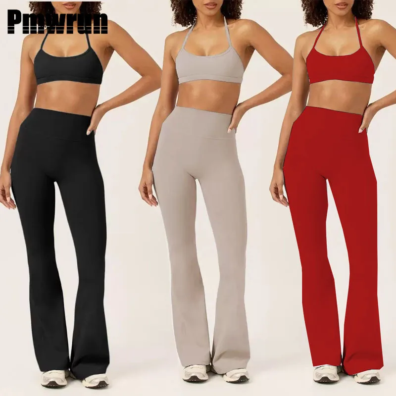 

PMWRUN Комплект для йоги для женщин Бюстгальтер с открытой спиной на тонких бретелях Шорты с высокой талией Брюки-клеш Мягкие эластичные дышащие брюки для занятий йогой в тренажерном зале