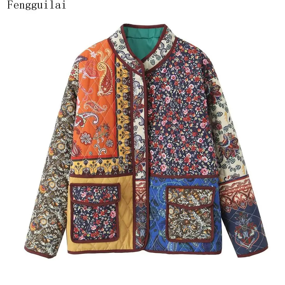 Vintage Boho Women Patchwork Quilted Coat Floral Paisley Spliced Long Sleeve Stand Collar Pocket Casual Light Padded Jacket