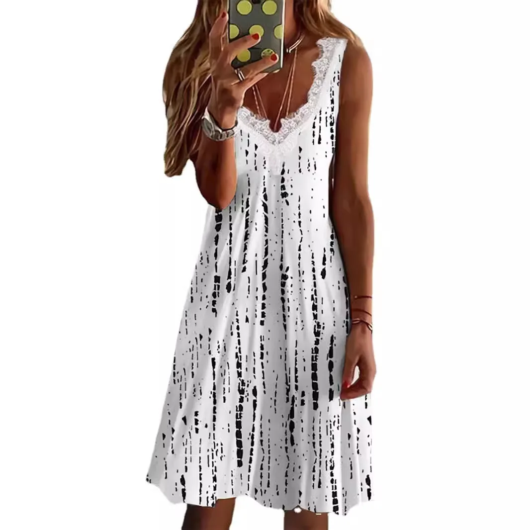 Abito senza maniche stampato alla moda con scollo a V in pizzo alla moda per abito stampato senza maniche casual estivo per le donne