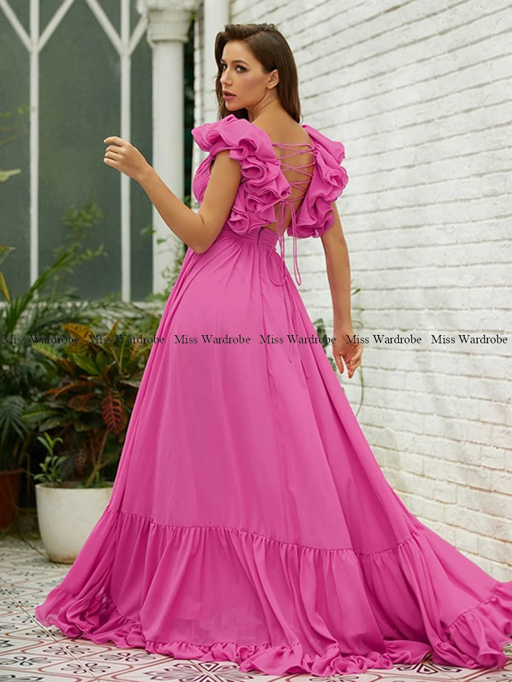 Elegante Rosa Lange Abendkleider V-ausschnitt Rüschen Falten A-Line Prinzessin bodenlangen Backless Formale Prom Party Kleider Customze