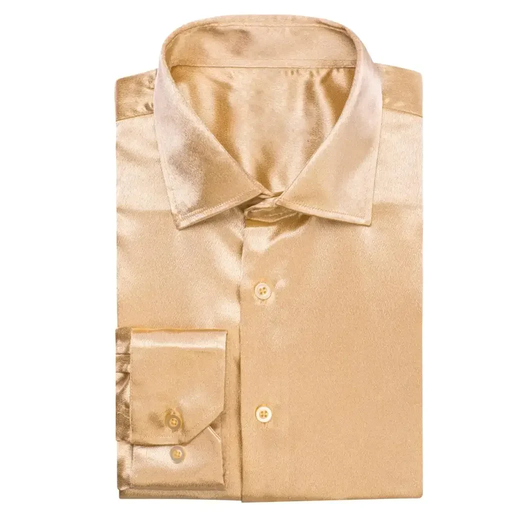 Mens Shirts Champagne Silk Satin Lapel Collar Solid Long Sleeve Social Dress Shirt Soft High Quality Blouse for Male Gift